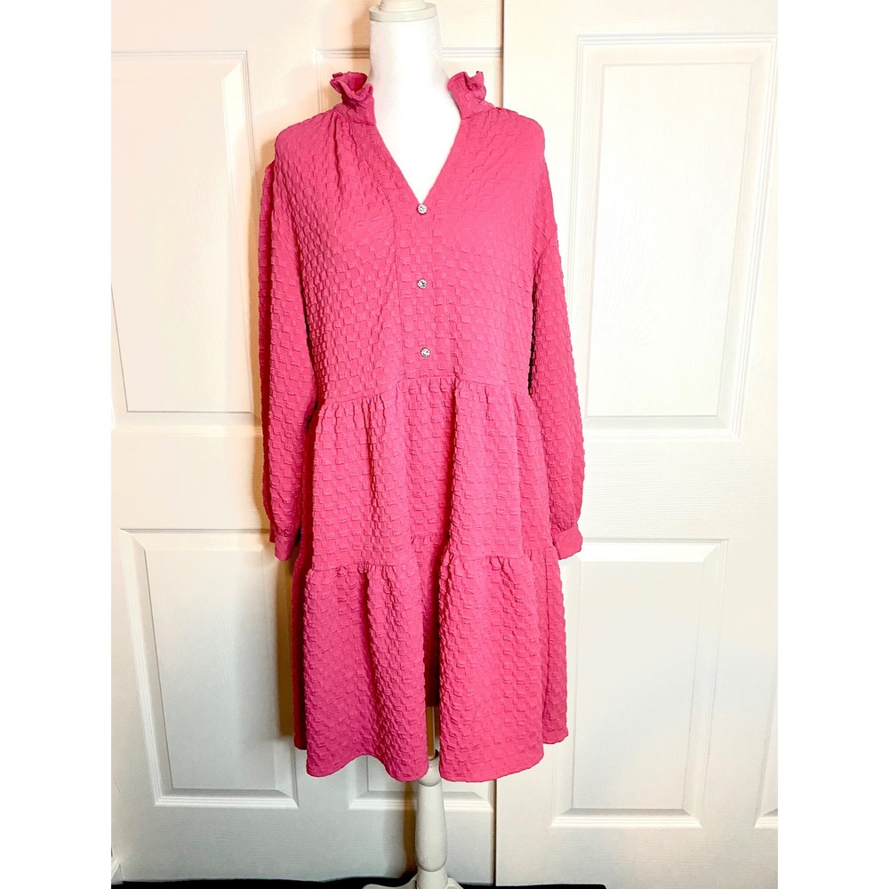 LazySmile Pink Textured Tiered Babydoll Dress Rhinestone Button Ruffle Neck M